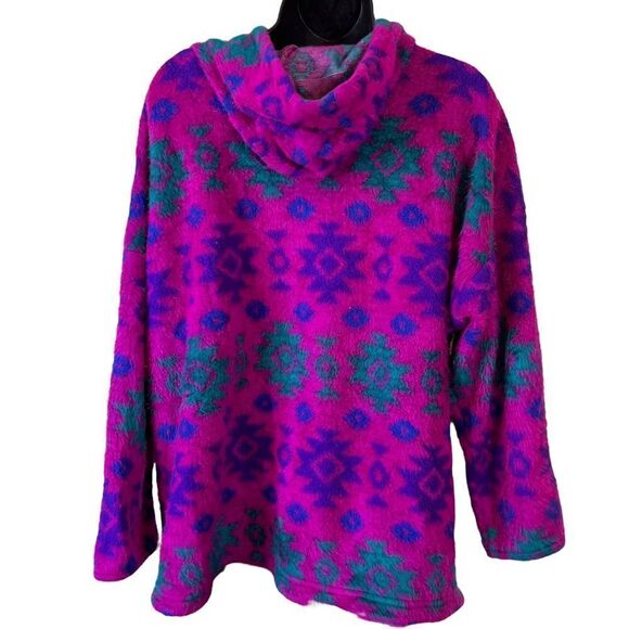 Vintage 90s Tribal Fuchsia Fleece Hoodie Pullover Sweater - Picture 11 of 12